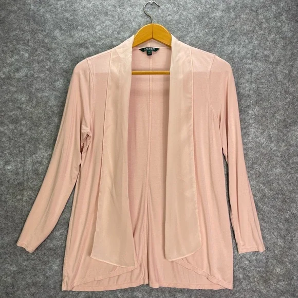 Lauren Ralph Lauren Womens Cardigan PL Petite Large Pink Open Front Chiffon Trim - Picture 1 of 10